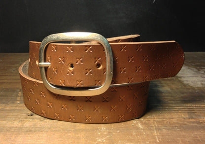 Brown Small X Embossed Full Grain Leather Belt