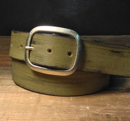 Olive Green Distressed Leather Snap Belt with Antique Silver or Brass Buckle