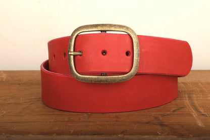 Red Leather Belt with Antique Brass Buckle