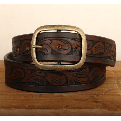 Western Embossed Leather Belt with Antique Brass Buckle