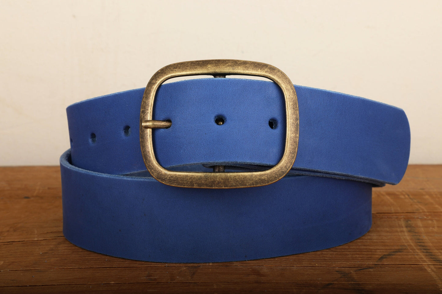 Electric Blue Wide Leather Snap Belt with Gold Tone Antique Brass Belt Buckle