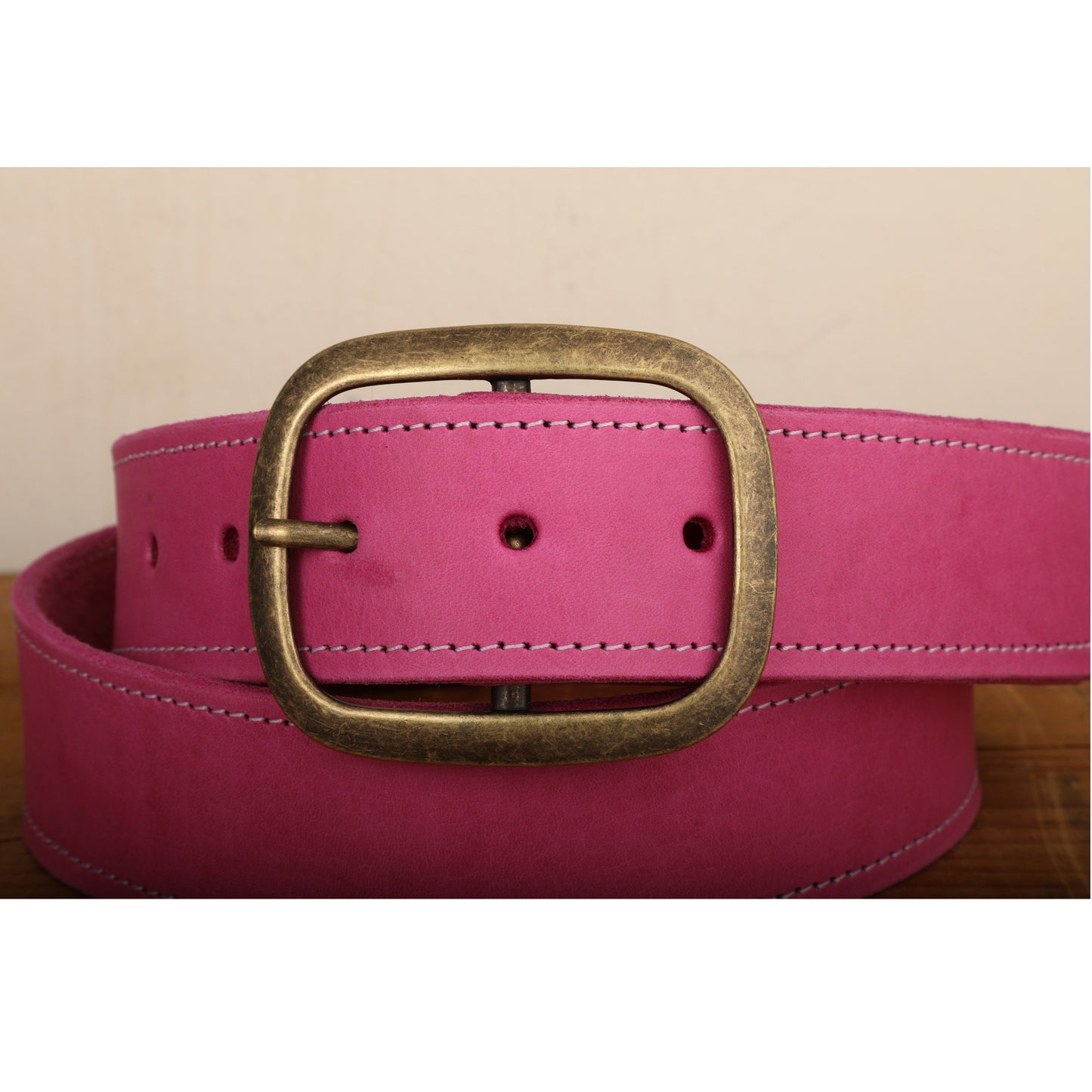 Pink Leather Belt with White Stitch and Snap Closure - Handmade in USA - Unisex Wide Antique Gold Tone Brass Buckle