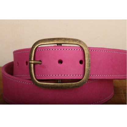 Pink Leather Belt with White Stitch and Antique Gold Tone Brass Buckle