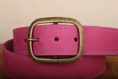 Pink Leather Belt with White Stitch and Antique Gold Tone Brass Buckle