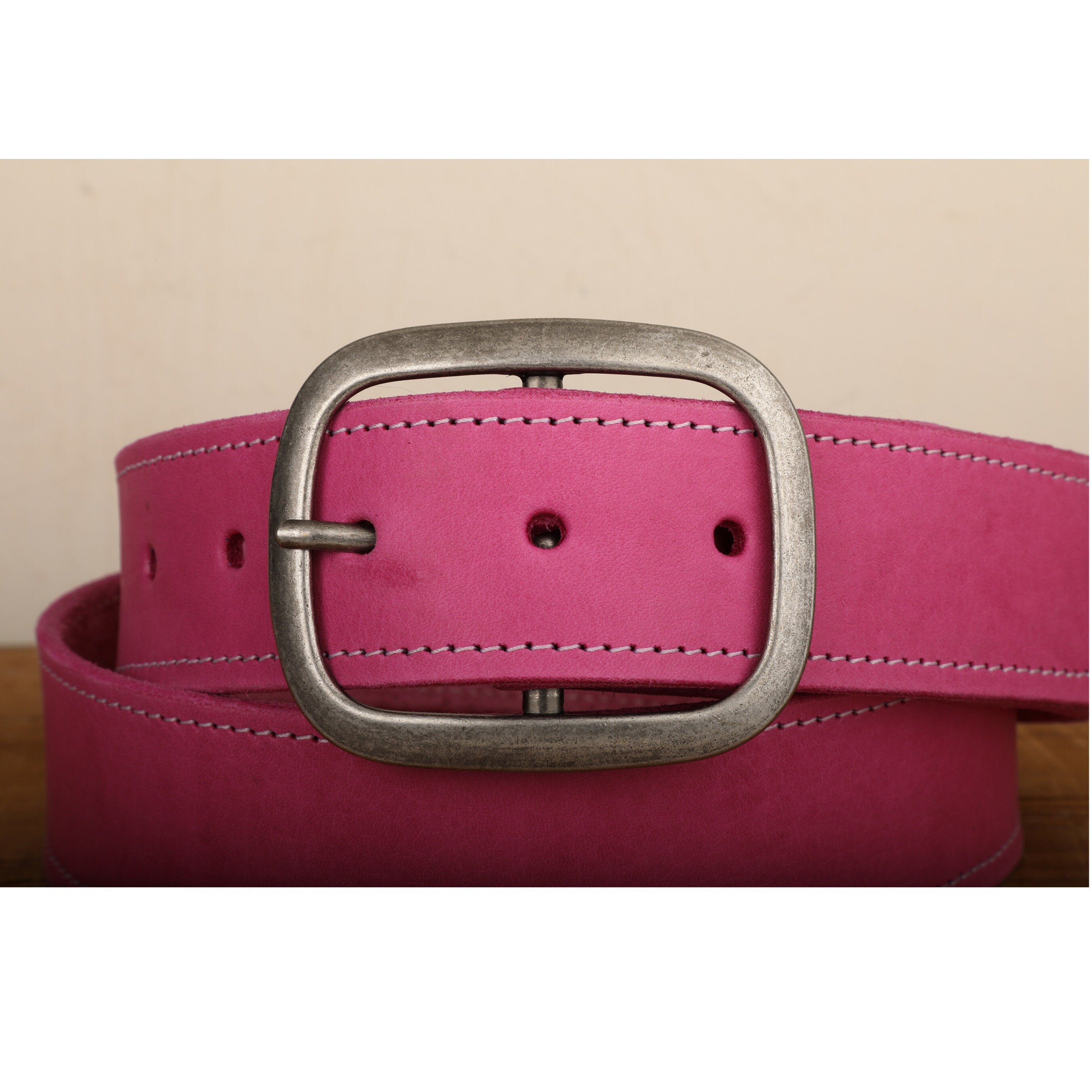 Pink Leather Belt with White Stitch and Antique Silver