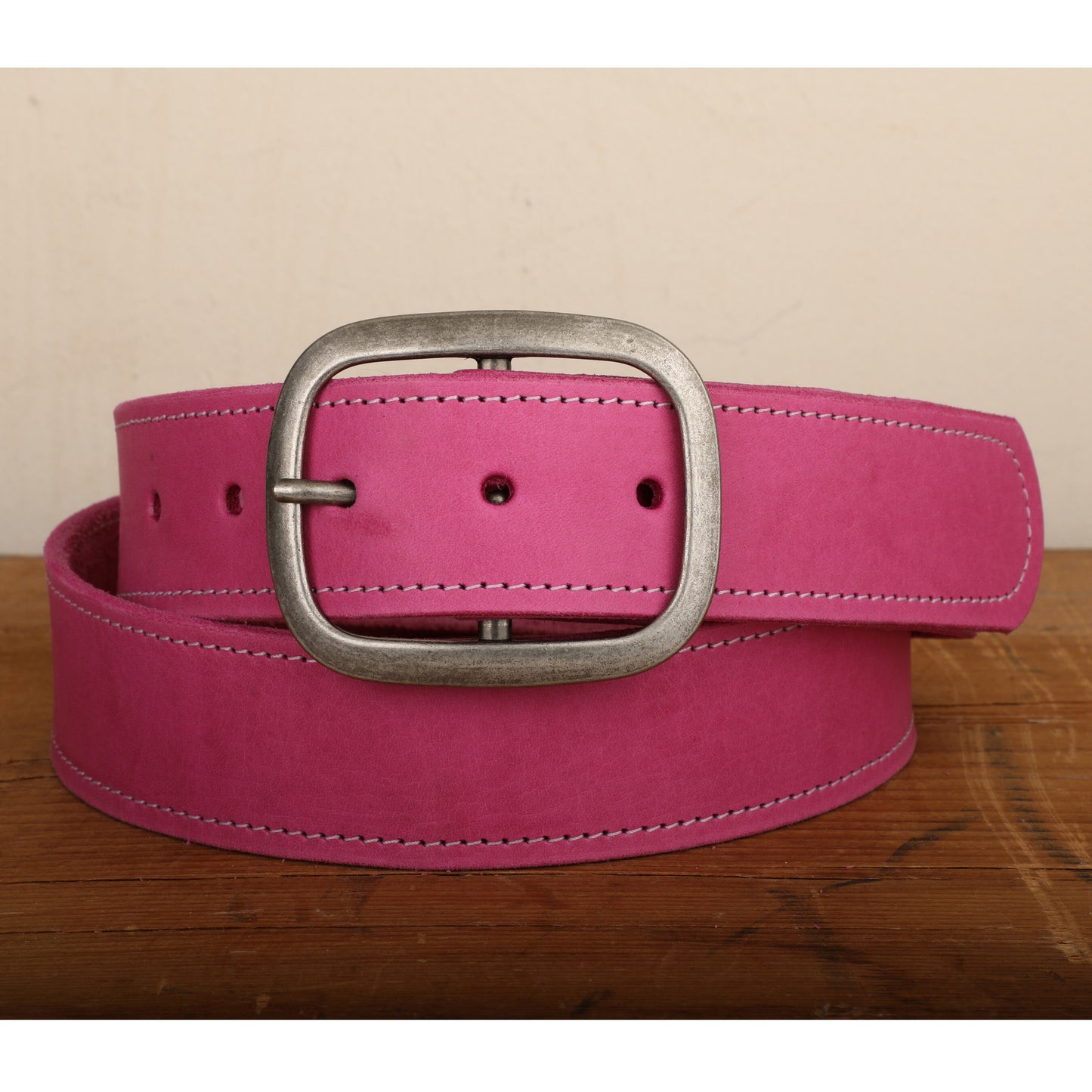 Pink Leather Belt with White Stitch and Antique Silver Buckle
