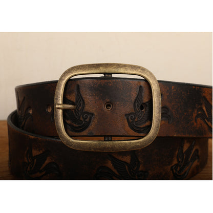 Embossed Sparrow Swallow Bird Vintage Aged Leather Belt in Black and Brown