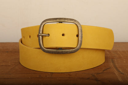 Yellow Leather Belt Snap Closure - Handmade in USA - Unisex Wide Antique Gold Tone Brass Buckle