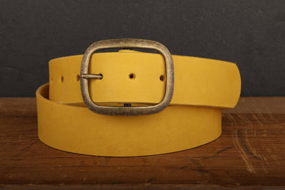 Yellow Leather Belt Snap Closure - Handmade in USA - Unisex Wide Antique Gold Tone Brass Buckle