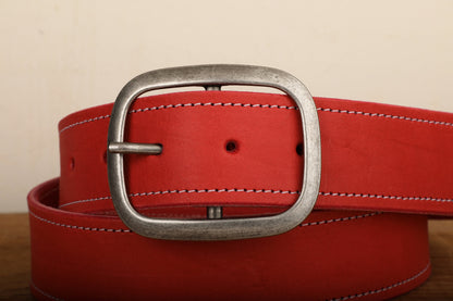 Red Leather Belt with White Stitch and Antique Silver Buckle