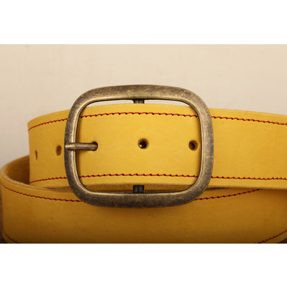 Yellow Leather Belt with Red Stitch with Antique Gold Tone Brass Buckle