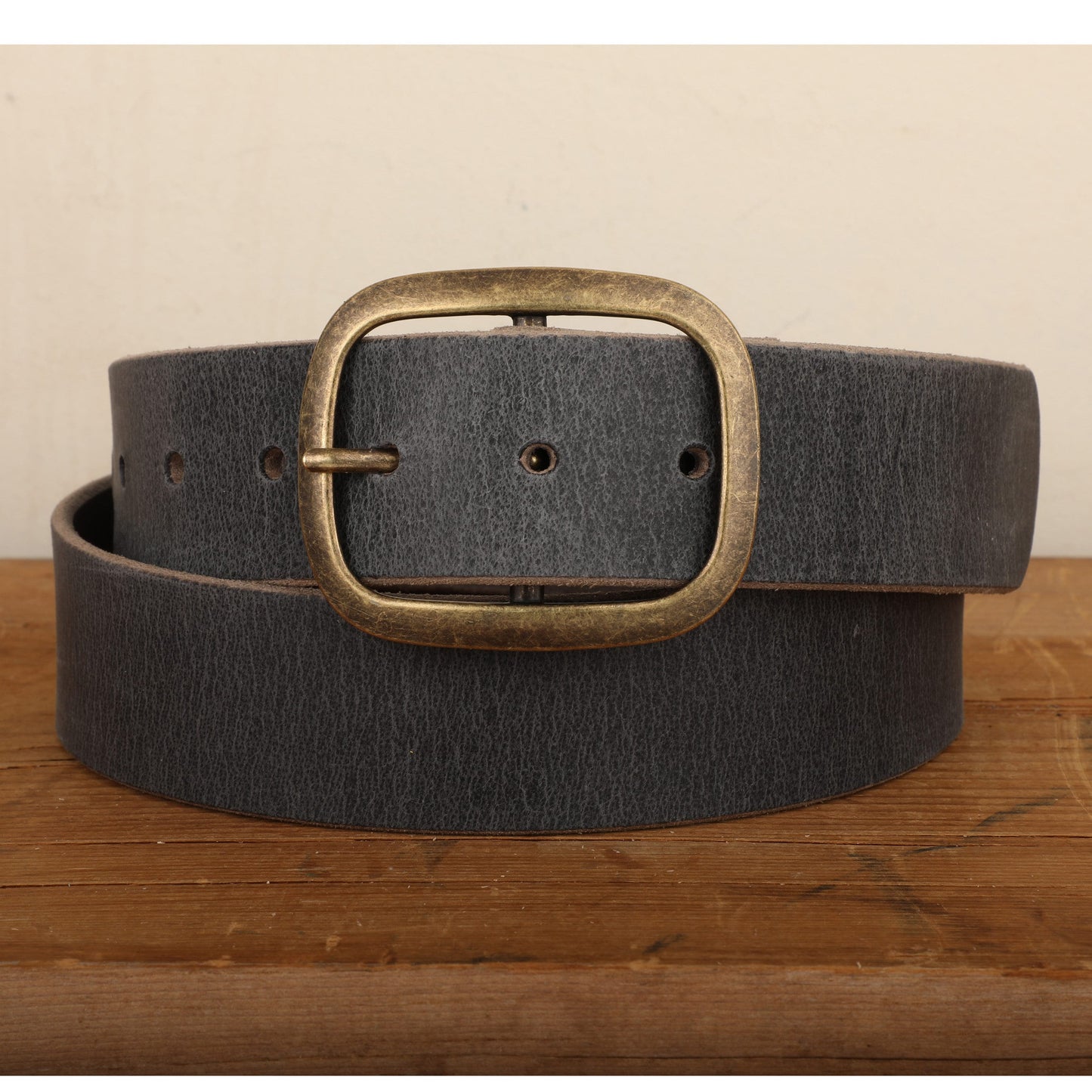 Steel Grey Leather Belt with Antique Brass Buckle