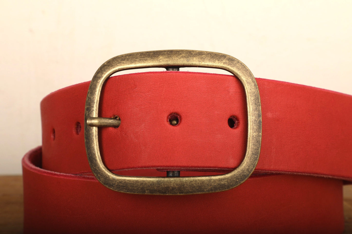 Red Leather Belt with Antique Brass Buckle