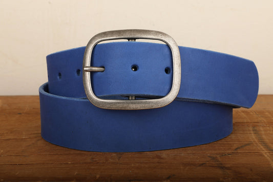 Electric Blue Wide Leather Snap Belt with Silver Tone Antique Nickel Belt Buckle