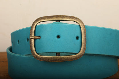 Turquoise Leather Belt with Antique Gold Tone Brass Buckle