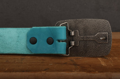 Turquoise Leather Belt Snap Closure - Handmade in USA - Unisex Wide Antique Gold Tone Brass Buckle