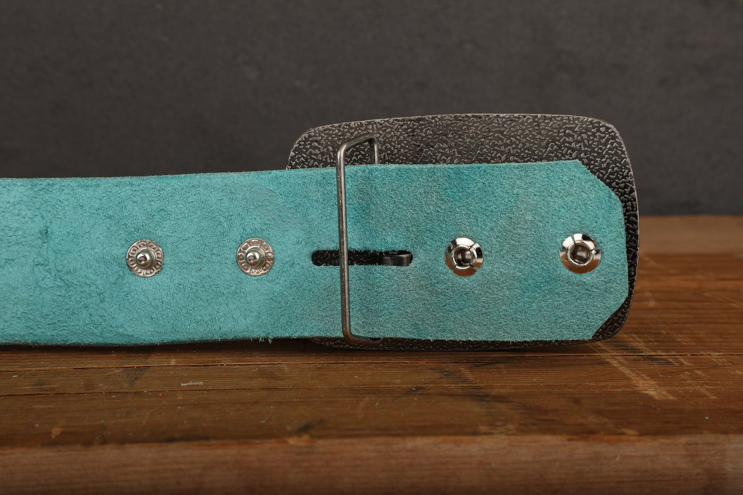 Turquoise Leather Belt with Antique Gold Tone Brass Buckle