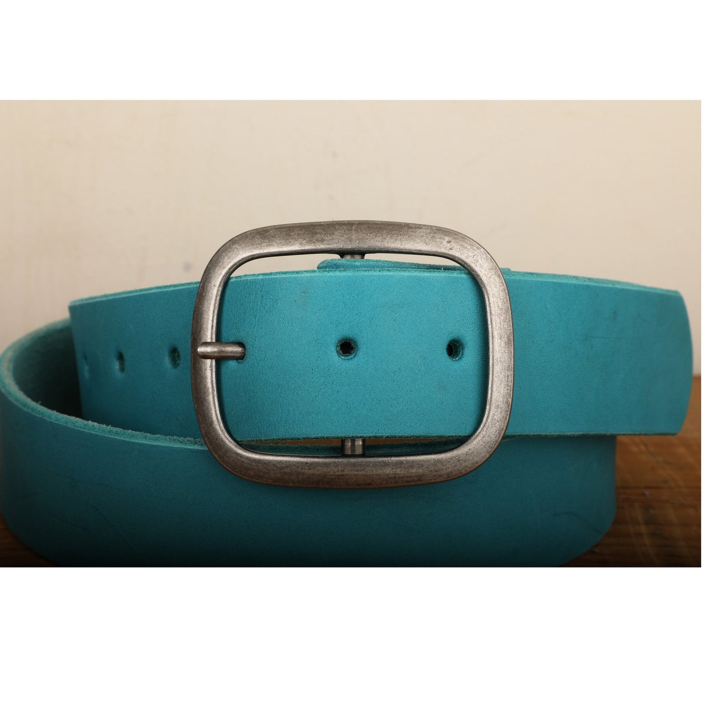 Turquoise Leather Belt Snap Closure - Handmade in USA - Unisex Wide Antique Silver Tone Nickel Buckle