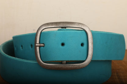 Turquoise Leather Belt Snap Closure - Handmade in USA - Unisex Wide Antique Silver Tone Nickel Buckle