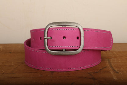 Pink Leather Belt with White Stitch and Antique Silver Buckle
