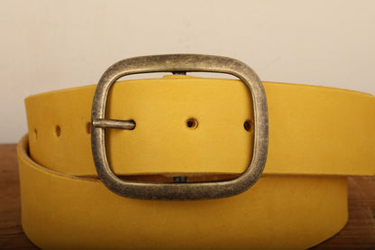 Yellow Leather Belt Snap Closure with Antique Gold Tone Brass Buckle