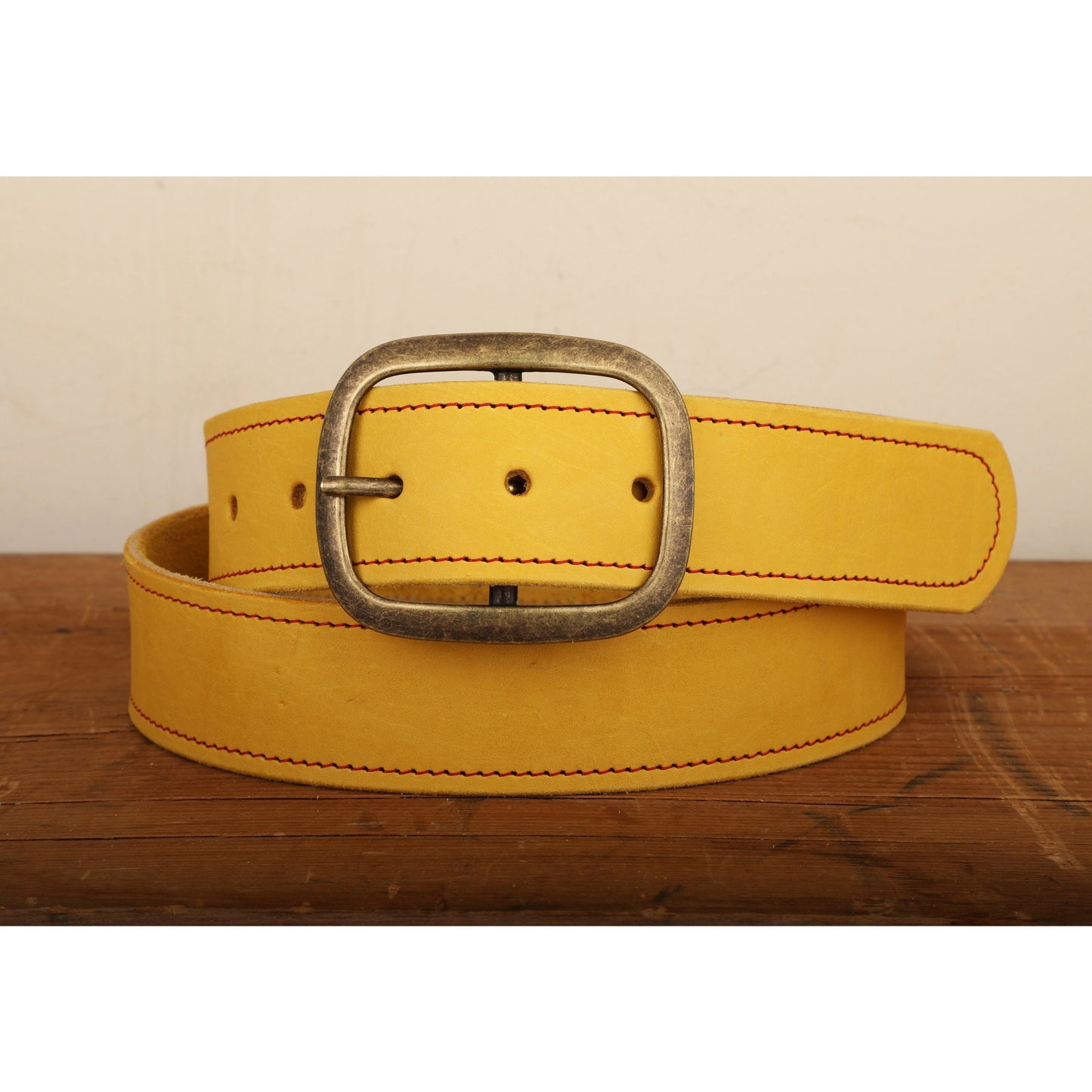 Yellow Leather Belt with Red Stitch - Snap Closure - Handmade in USA - Wide Antique Gold Tone Brass Buckle