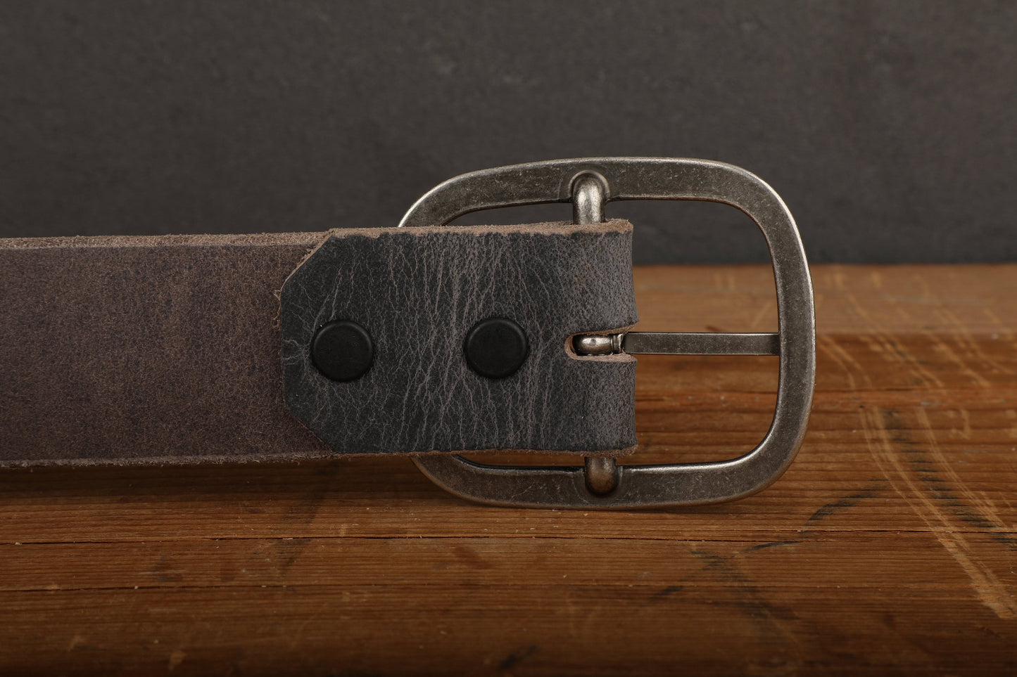 Steel Grey Leather Belt with Antique Brass Buckle