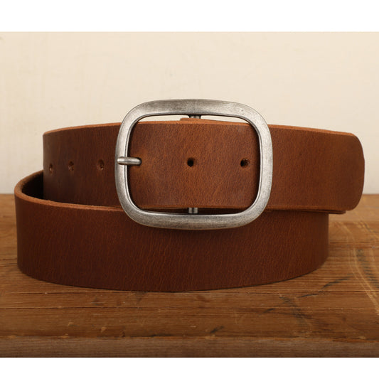 a brown belt with a metal buckle