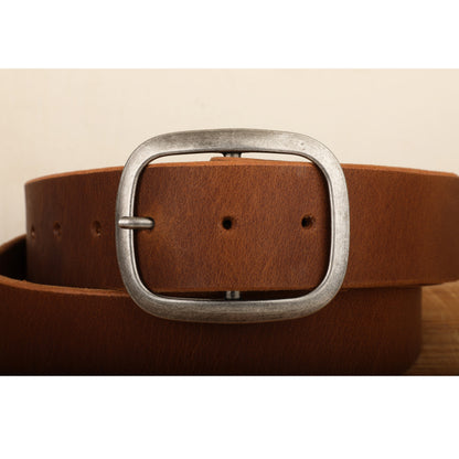 Peanut Dark Brown Leather Belt with Antique Silver Buckle