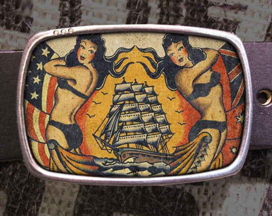Vintage Ship Tattoo Belt Buckle